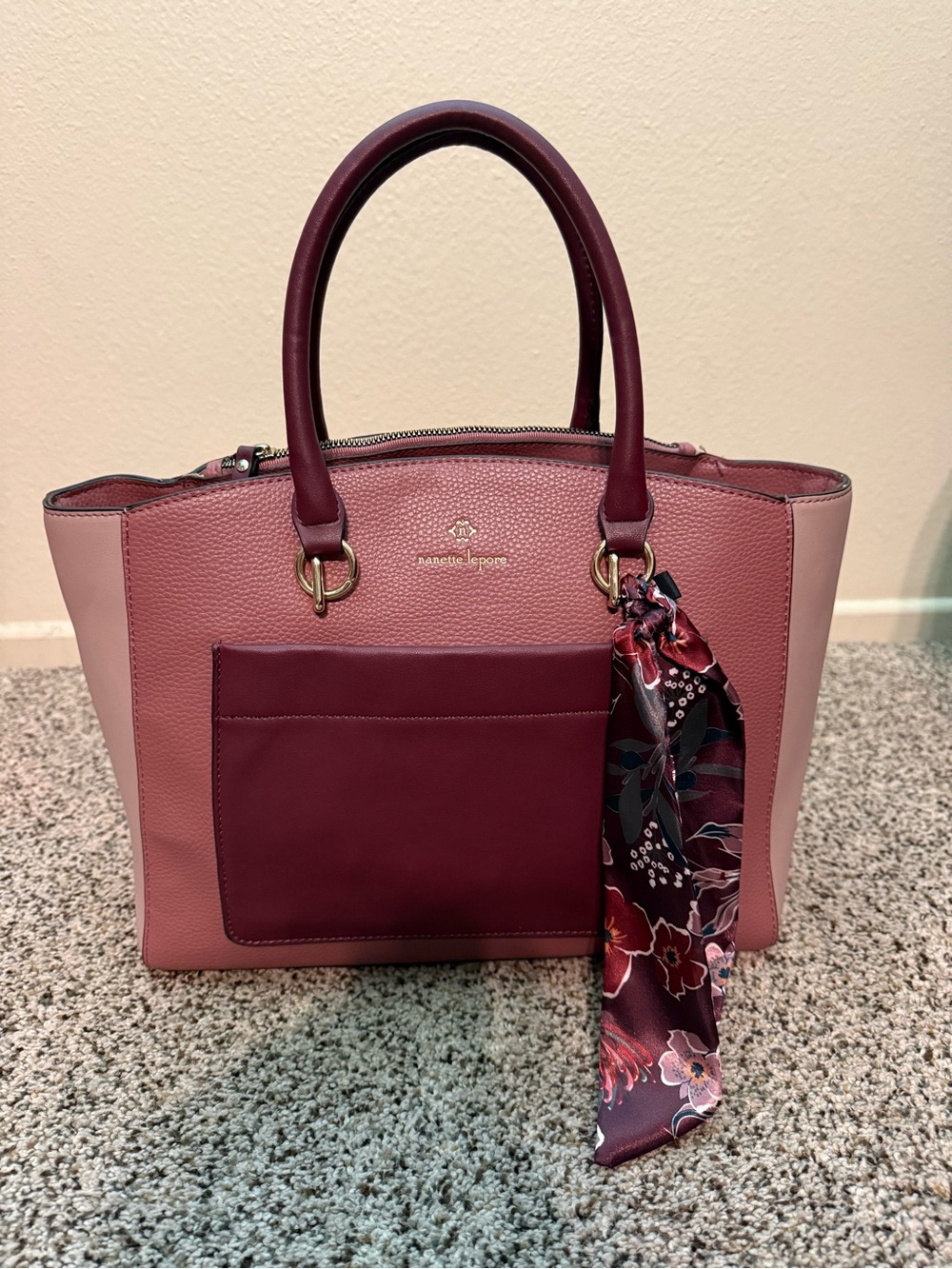 Nanette Lepore Pink & Burgundy Structured Satchel with Scarf Accent